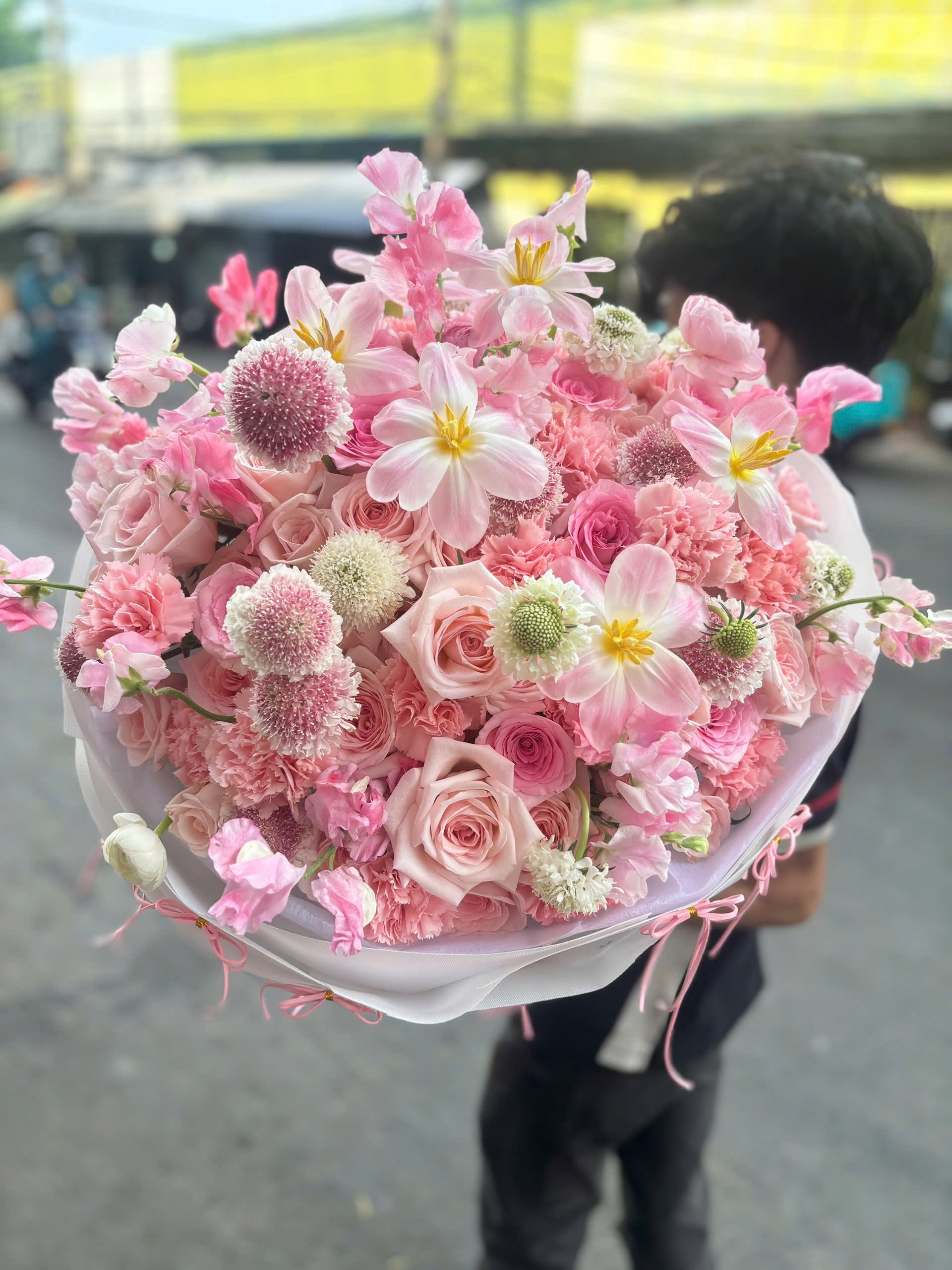 Bó Hoa Camiosa Tulip Hồng Ohara Cẩm Chướng – Pastel Tròn Ngọt Ngào