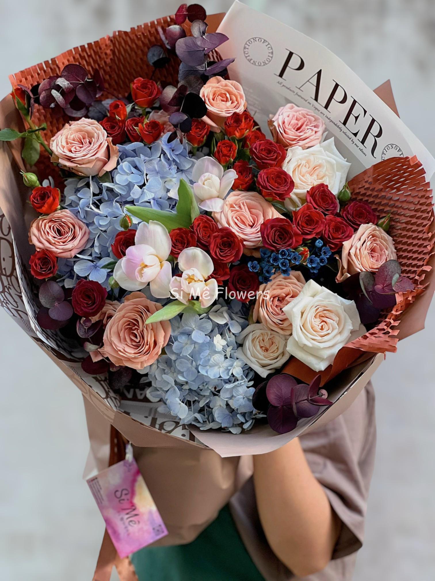 Bó Hoa Mix Nhập Khẩu Tone Cam Xanh