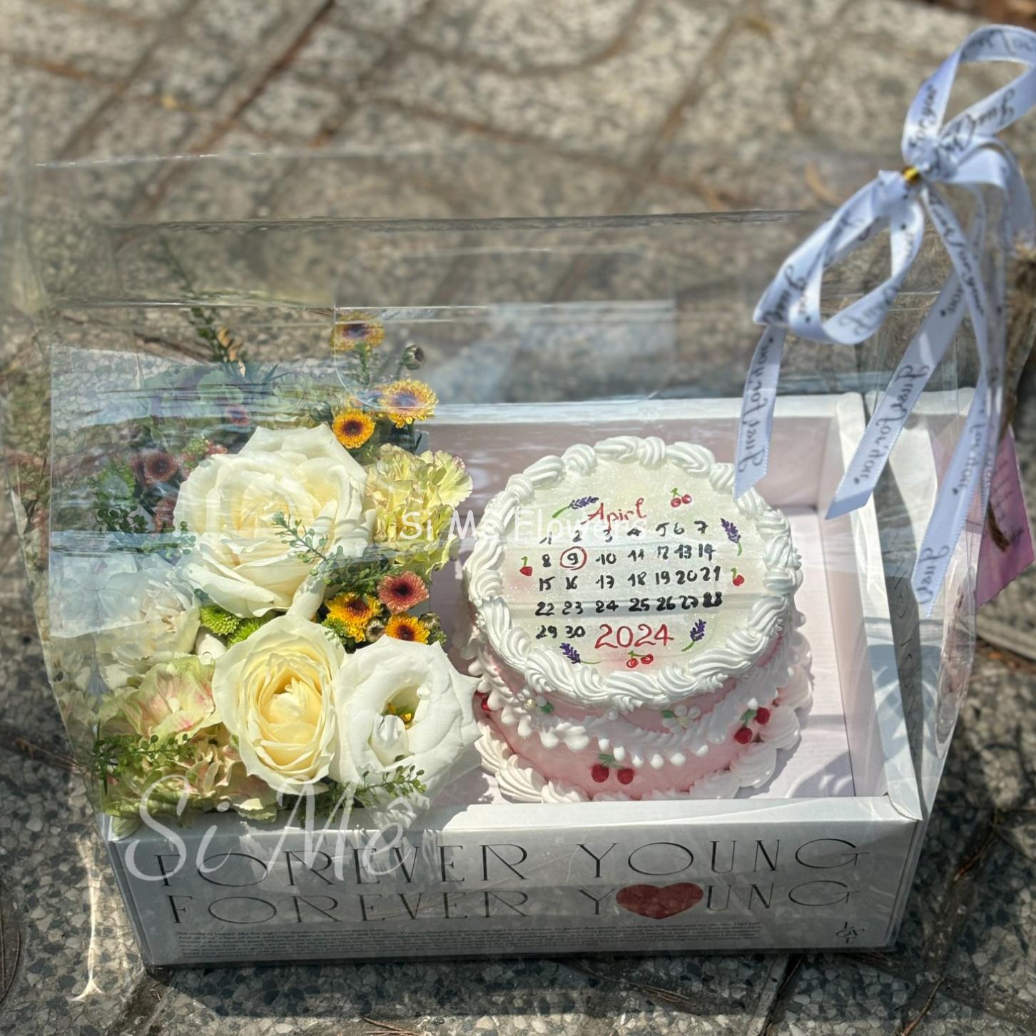 Box hoa bánh kem đốt tone vàng trắng